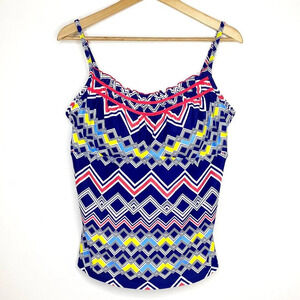 NWT South Point Swim Tank Top 16 Navy Blue Yellow Coral Geometric Tankini Plus